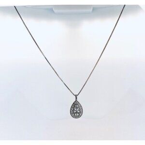 Estate 925 Sterling Silver Teardrop Filigree Pendant Necklace Marcasite Style